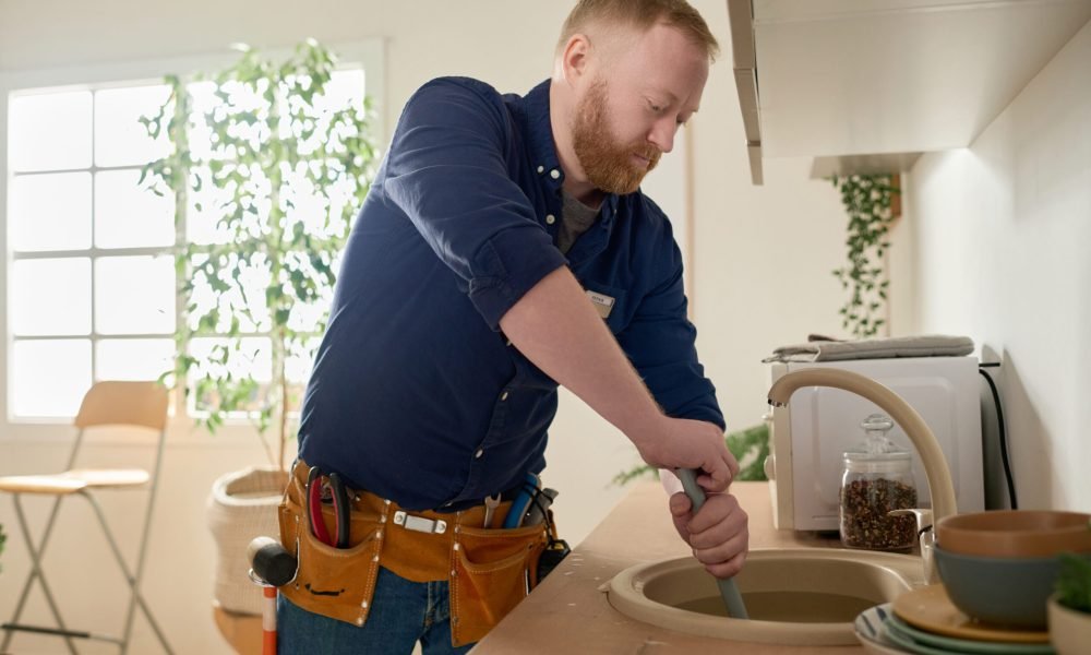 Bearded repairman using tool to remove blockage in the kitchen